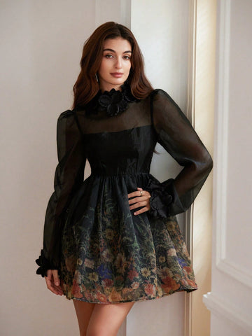 French Elegant Quality Organza Stereo Flower Design V-Neck Mini Dress For Women