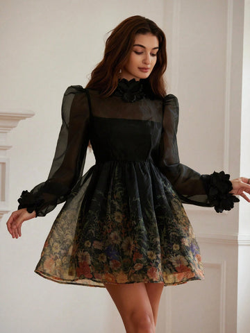 French Elegant Quality Organza Stereo Flower Design V-Neck Mini Dress For Women