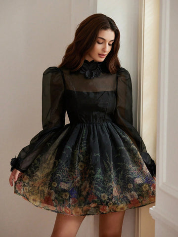 French Elegant Quality Organza Stereo Flower Design V-Neck Mini Dress For Women