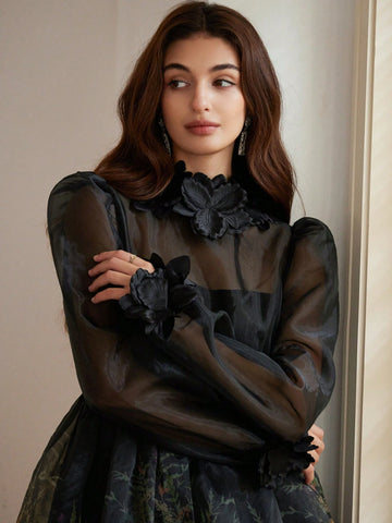 French Elegant Quality Organza Stereo Flower Design V-Neck Mini Dress For Women