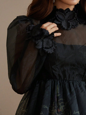 French Elegant Quality Organza Stereo Flower Design V-Neck Mini Dress For Women