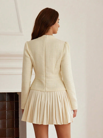 French Retro Waist Cinching Slimming Textured Patchwork Pleated Dress