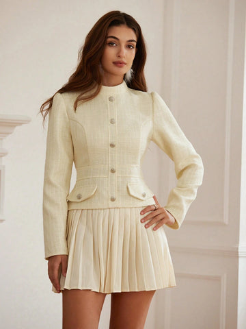 French Retro Waist Cinching Slimming Textured Patchwork Pleated Dress