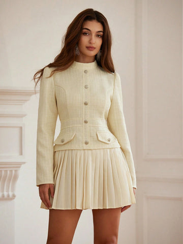 French Retro Waist Cinching Slimming Textured Patchwork Pleated Dress