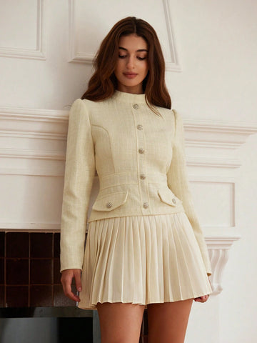 French Retro Waist Cinching Slimming Textured Patchwork Pleated Dress