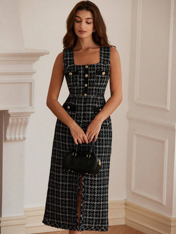 French Tweed Mix Color Pocket Metal Button Square Neck Sleeveless Dress