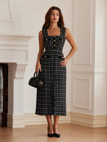 French Tweed Mix Color Pocket Metal Button Square Neck Sleeveless Dress