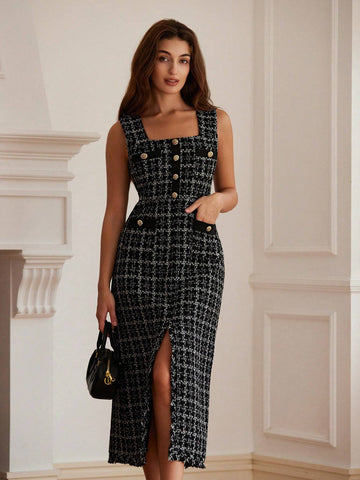 French Tweed Mix Color Pocket Metal Button Square Neck Sleeveless Dress