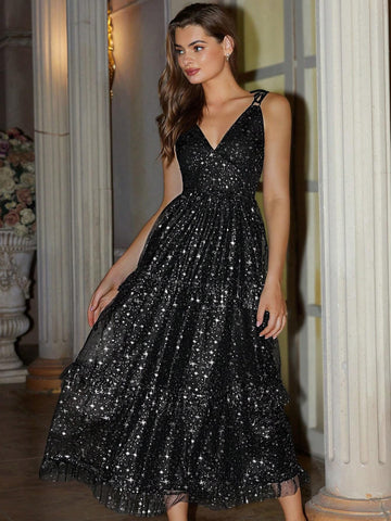 Glamorous Party Sexy Metallic Mesh Fabric Waist Cinching Deep V-Neck Dress