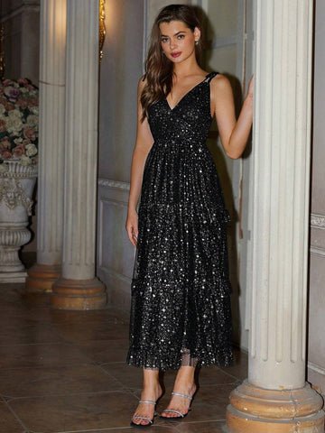 Glamorous Party Sexy Metallic Mesh Fabric Waist Cinching Deep V-Neck Dress