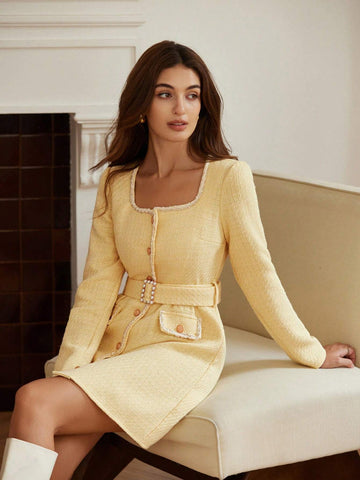 New Autumn/Winter Women's Yellow French Nobility Style Waist Cinched Slim Tweed Button Up Short Dress