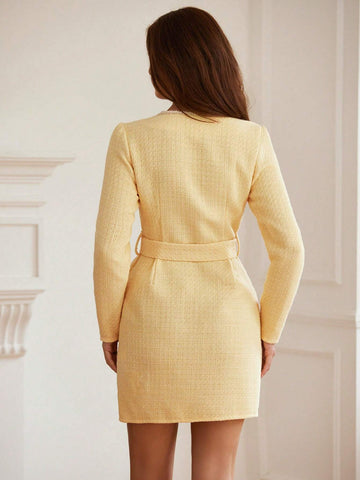 New Autumn/Winter Women's Yellow French Nobility Style Waist Cinched Slim Tweed Button Up Short Dress