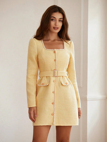 New Autumn/Winter Women's Yellow French Nobility Style Waist Cinched Slim Tweed Button Up Short Dress