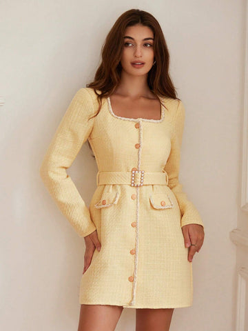 New Autumn/Winter Women's Yellow French Nobility Style Waist Cinched Slim Tweed Button Up Short Dress