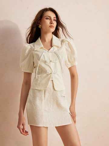 Random 3D Textured Chinese Style Dress Set Featuring Elegant Poofy Sleeves And Traditional Buckle, Skirt And Top Set