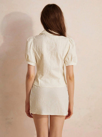 Random 3D Textured Chinese Style Dress Set Featuring Elegant Poofy Sleeves And Traditional Buckle, Skirt And Top Set