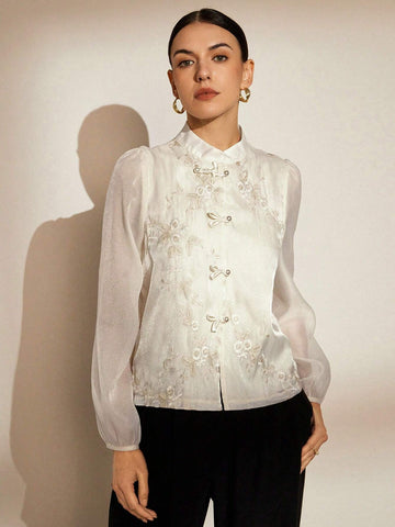 Rosie Random Embroidered Traditional Chinese Style Stand Collar Buttoned Long Sleeve Shirt