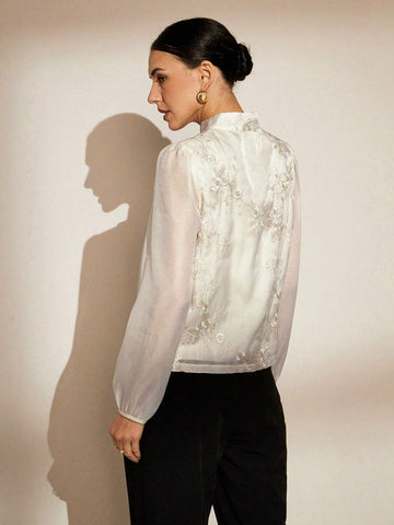 Rosie Random Embroidered Traditional Chinese Style Stand Collar Buttoned Long Sleeve Shirt