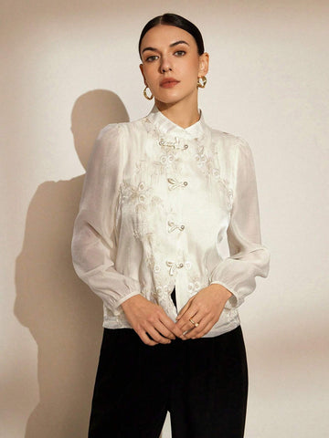 Rosie Random Embroidered Traditional Chinese Style Stand Collar Buttoned Long Sleeve Shirt