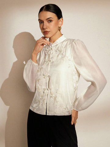 Rosie Random Embroidered Traditional Chinese Style Stand Collar Buttoned Long Sleeve Shirt