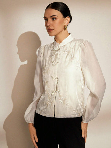 Rosie Random Embroidered Traditional Chinese Style Stand Collar Buttoned Long Sleeve Shirt