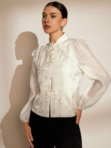 Rosie Random Embroidered Traditional Chinese Style Stand Collar Buttoned Long Sleeve Shirt