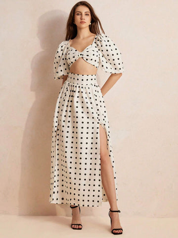 Random Polka Dot Australian Niche Vacation Style High Waist Slit Sexy Top And Pants Two-Piece Set