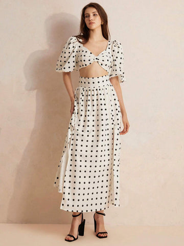 Random Polka Dot Australian Niche Vacation Style High Waist Slit Sexy Top And Pants Two-Piece Set