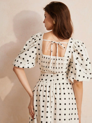 Random Polka Dot Australian Niche Vacation Style High Waist Slit Sexy Top And Pants Two-Piece Set