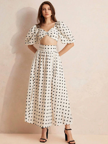 Random Polka Dot Australian Niche Vacation Style High Waist Slit Sexy Top And Pants Two-Piece Set