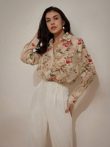 Rosie Random Printed Turn-Down Collar, Slim-Fit Long Sleeve Shirt