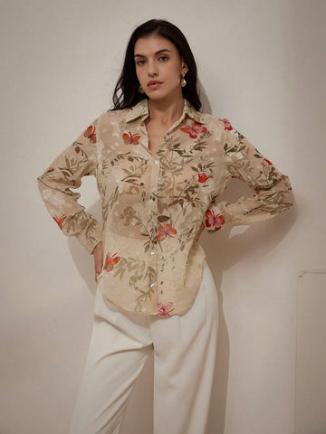 Rosie Random Printed Turn-Down Collar, Slim-Fit Long Sleeve Shirt