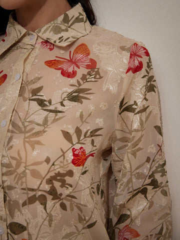 Rosie Random Printed Turn-Down Collar, Slim-Fit Long Sleeve Shirt