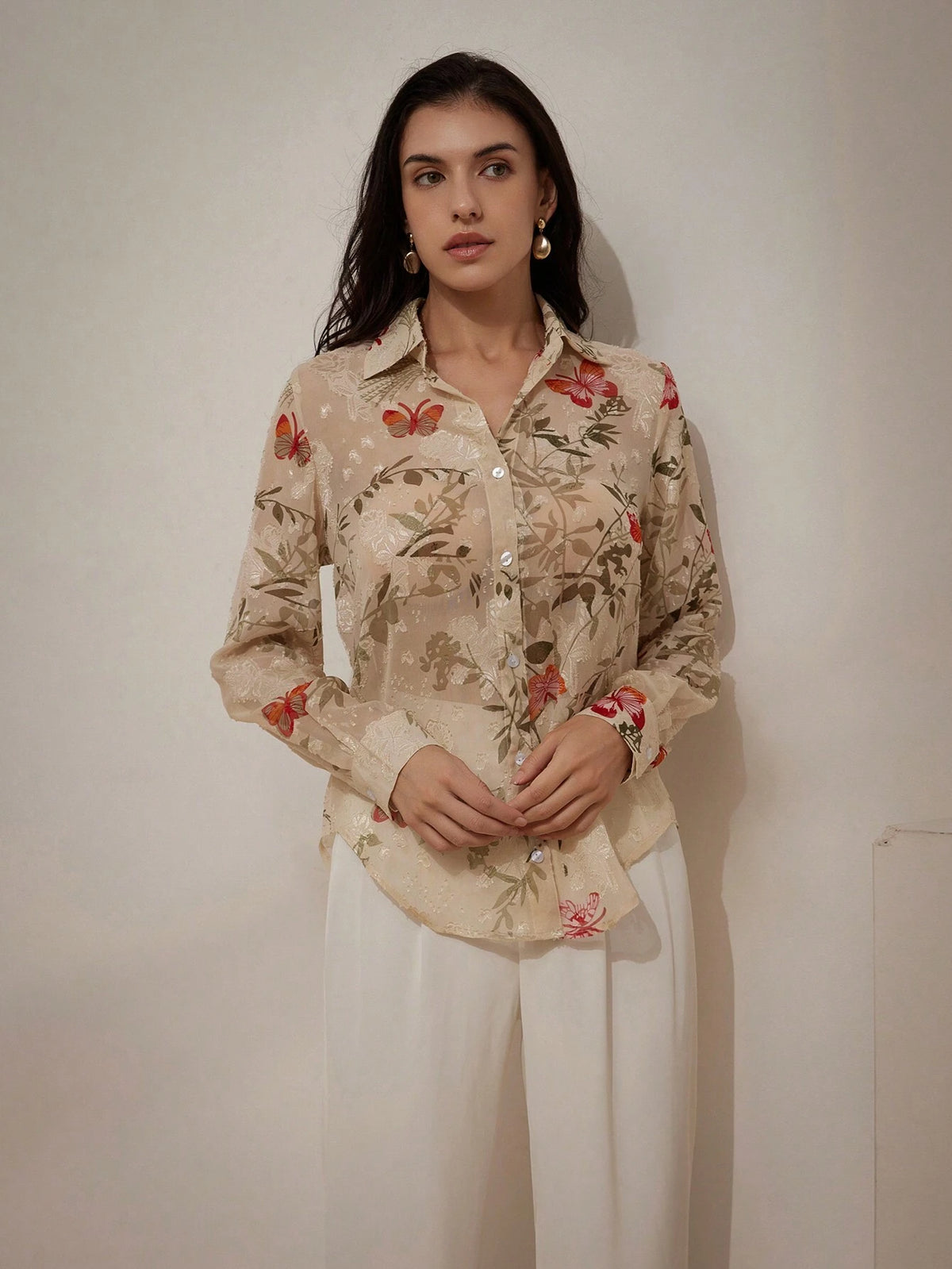 Rosie Random Printed Turn-Down Collar, Slim-Fit Long Sleeve Shirt