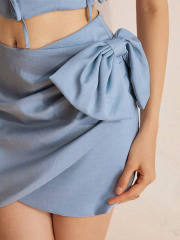 Sweet And Cool Style Bowknot Strapless Top And Fashionable Slim-Fit Skirt Set