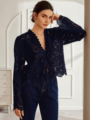 Rosie Vintage Folk Style Vnedk Bowknot Tie Frayed Hem Embroidered Loose Long Sleeve Blouse