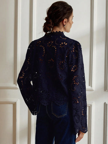 Rosie Vintage Folk Style Vnedk Bowknot Tie Frayed Hem Embroidered Loose Long Sleeve Blouse