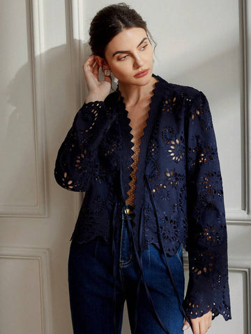 Rosie Vintage Folk Style Vnedk Bowknot Tie Frayed Hem Embroidered Loose Long Sleeve Blouse