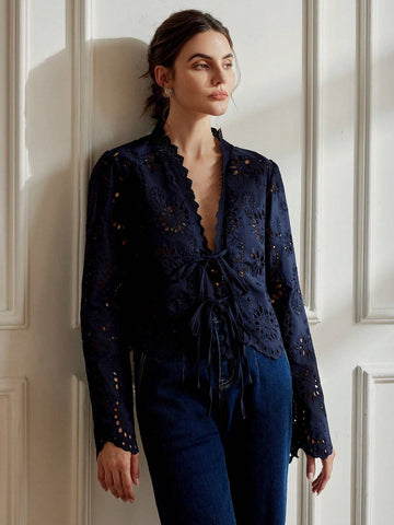 Rosie Vintage Folk Style Vnedk Bowknot Tie Frayed Hem Embroidered Loose Long Sleeve Blouse
