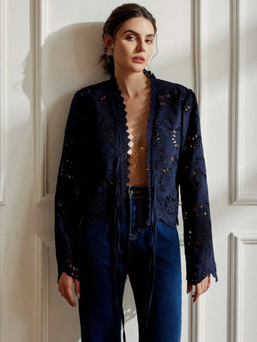 Rosie Vintage Folk Style Vnedk Bowknot Tie Frayed Hem Embroidered Loose Long Sleeve Blouse