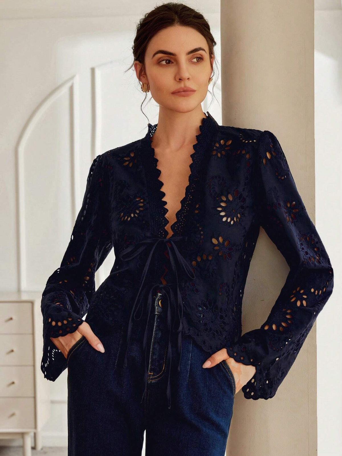 Rosie Vintage Folk Style Vnedk Bowknot Tie Frayed Hem Embroidered Loose Long Sleeve Blouse