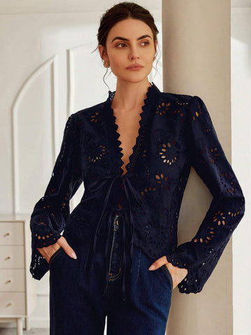 Rosie Vintage Folk Style Vnedk Bowknot Tie Frayed Hem Embroidered Loose Long Sleeve Blouse