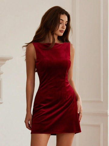 Vintage French Red Velvet Off Shoulder Sleeveless Elegant Waisted Open-Back Sexy Mini Bodycon Party Dress SKU: sz2409143533577903