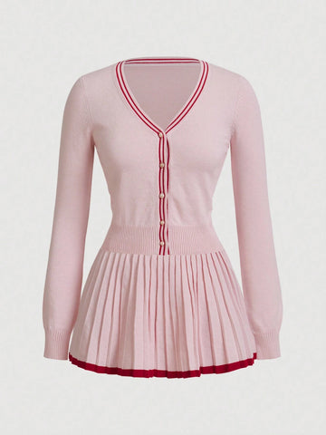 Women 2-Piece Set: Sweet & Cool Color Block Cardigan With Waist Cinching Design And Pleated Mini Skirt
