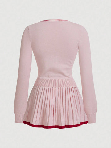 Women 2-Piece Set: Sweet & Cool Color Block Cardigan With Waist Cinching Design And Pleated Mini Skirt