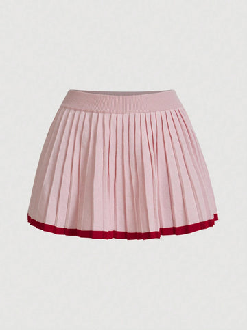 Women 2-Piece Set: Sweet & Cool Color Block Cardigan With Waist Cinching Design And Pleated Mini Skirt