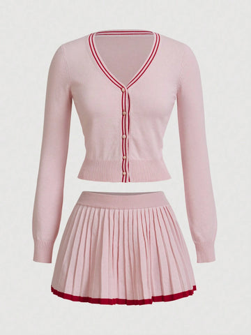 Women 2-Piece Set: Sweet & Cool Color Block Cardigan With Waist Cinching Design And Pleated Mini Skirt