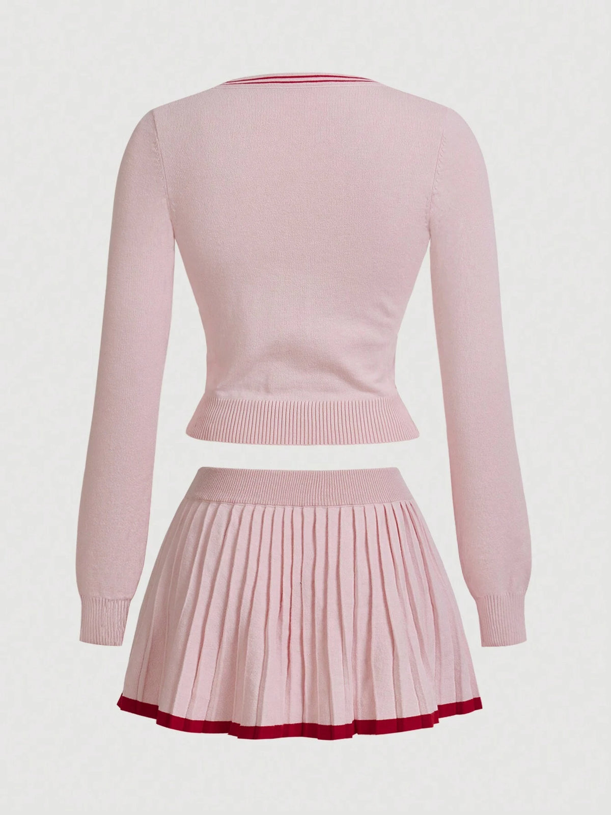 Women 2-Piece Set: Sweet & Cool Color Block Cardigan With Waist Cinching Design And Pleated Mini Skirt