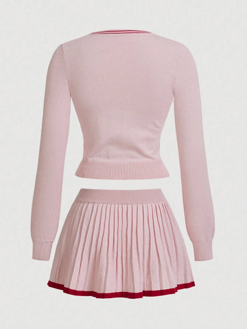 Women 2-Piece Set: Sweet & Cool Color Block Cardigan With Waist Cinching Design And Pleated Mini Skirt
