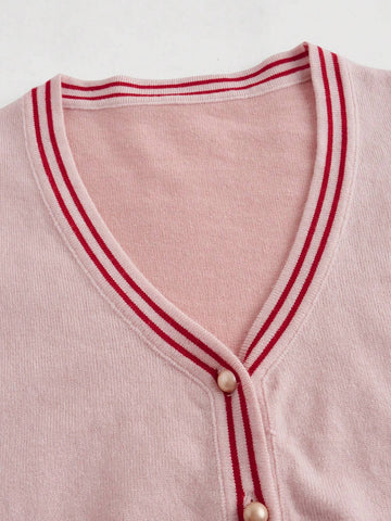 Women 2-Piece Set: Sweet & Cool Color Block Cardigan With Waist Cinching Design And Pleated Mini Skirt